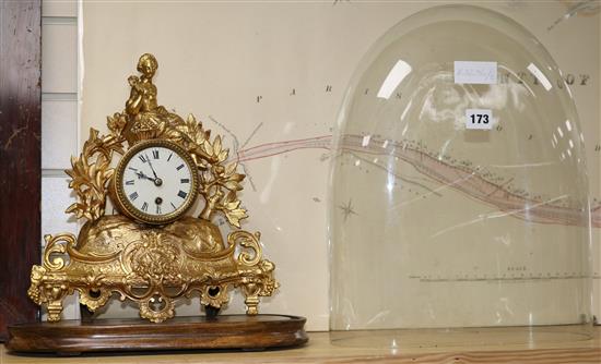 A late Victorian gilt metal mantel timepiece with glass dome timepiece 31cm